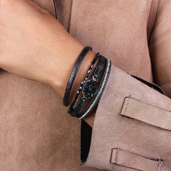 Læder Wrap Armbånd Boho Manschet Armbånd til Kvinder Krystal B