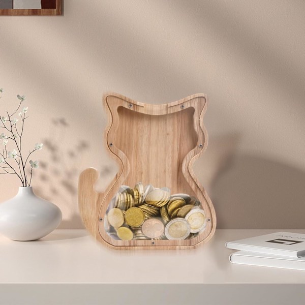Träspargris, Träkatt Spargris, Personlig Spargris, Transparent Spargris med Öppning, Djur Spargris