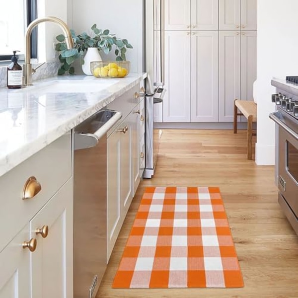 Buffalo Plaid Teppe 50*80cm Oransje og Hvit Rutete Teppe Halloween Høst Dørmatte Bomulls Vaskbar Område Tepper Dørmatte Utendørs