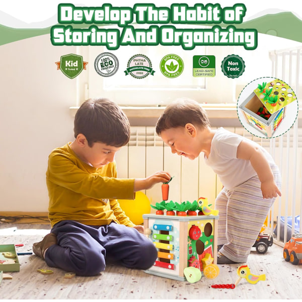 Træaktivitetsterning 6 i 1 trælegetøj Babyår udvikling Montessori sanseaktivitetsterning Farm T