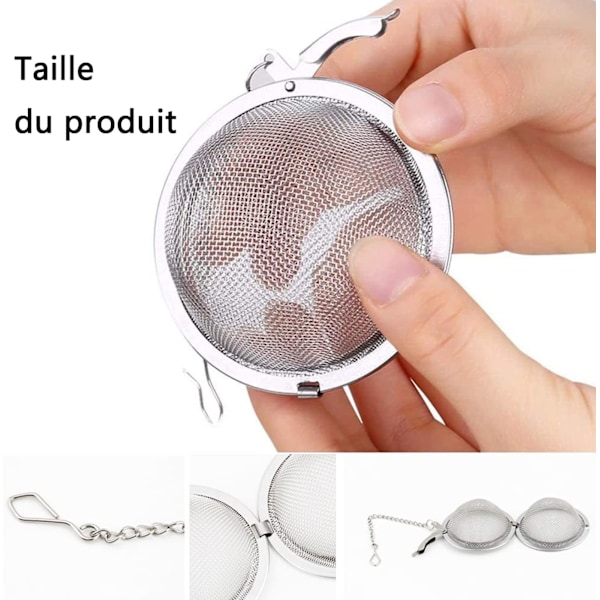 Set med 2 teinfusionsbollar i rostfritt stål 5 cm, tesil med förlängd kedjekrok och extra fint nät för bryggning av löst te, kryddor och smaksättningar