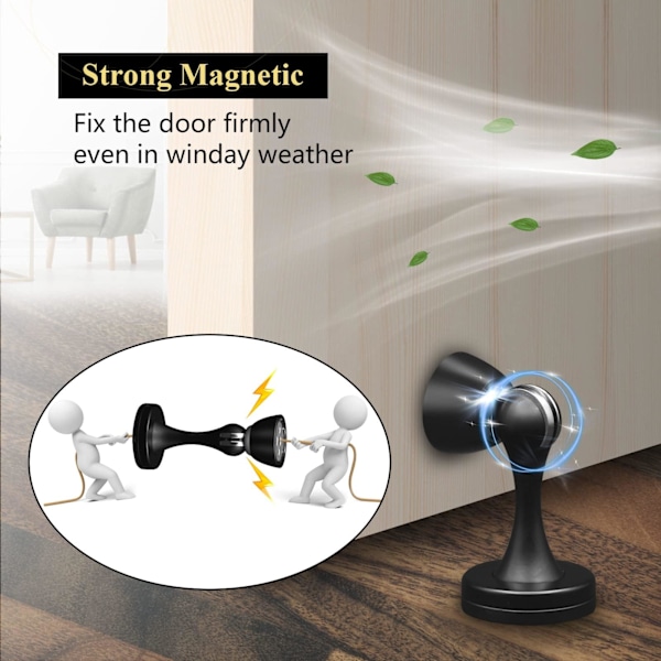 Magnetisk dørstopper i ett stykke, svart magnetisk dørstopper i rustfritt stål, kraftig magnetisk dørstopper for vegger og gulv, slitesterk utendørs dørstopper, Hold