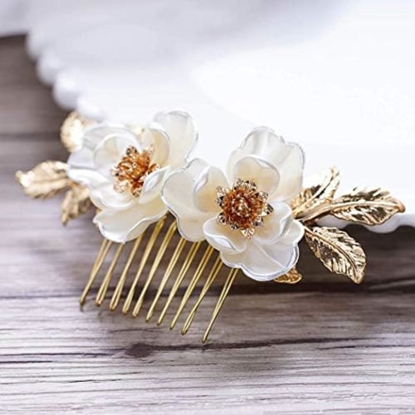 Bride Flower Bridal Hair Comb Gold Leaf Wedding Hair Piece Floral Hair Accessories for Women and Girls