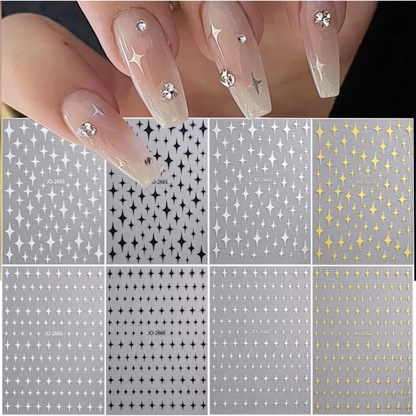 8 Ark Stjärn-Nagelstickers för Nagelkonst 3D Glitter Stjärna Glänsande Guld Silver Vit Svart Stjärnor Nagelkonst Sticker Stjärnljus Nageldesign Nageltillbehör Stjärna