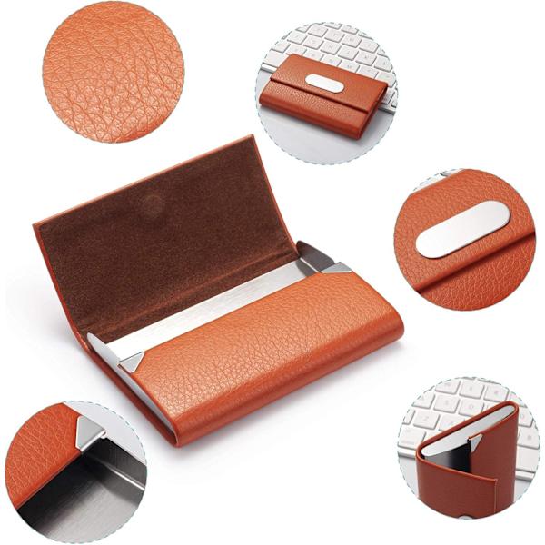 (Orange) 1 stk. Visitkort Holder til Kvinder, PU Læder og Rustfrit Stål Visitkort Holder Wa