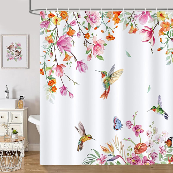 Farverigt Kolibri Bruseforhæng - Akvarel Forårsblomst, Vandtæt Skimmelsikker Polyesterstof Vaskbart til Badeværelse - 180 x 180 cm med
