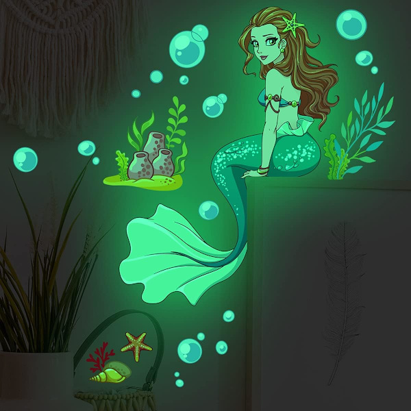 1 pcs  Luminous Mermaid Wall Decals Glow in The Dark Mermaid Wall Sticker Cartoon Princess Wall Stickers Bubble Seaweed