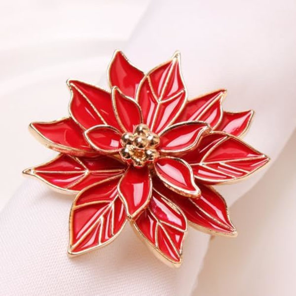 5x4cm Julstjärna Servettringar Set om 6 Servettringshållare med Röda Julstjärneblommor, Servettringar Matbordssats