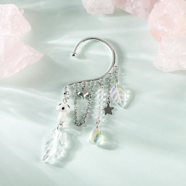 Renaissance Fairy Elf Øremanchetter - Hvite Sopp Elf Øremanchetter med Blad Tassel Elf Manchetter Klipp Øredobber Wrap Ingen Piercing