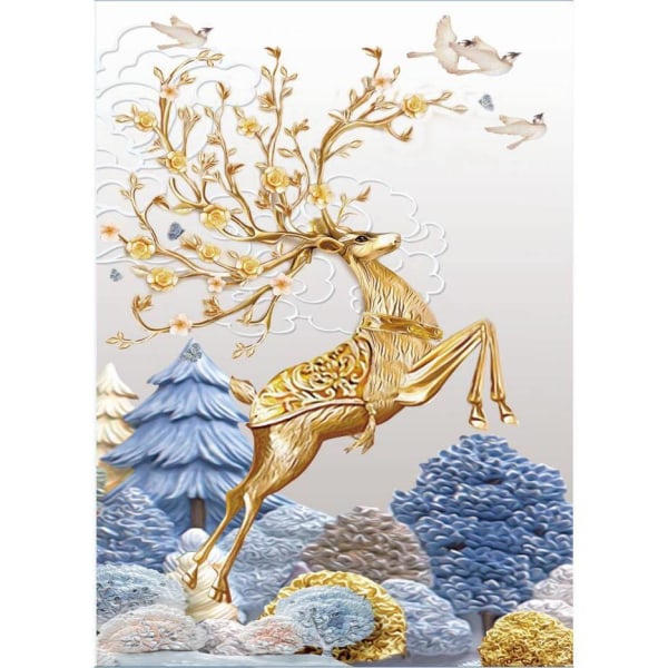 (30x40cm)5D diamantmaleri abstrakt gyldent træ og hjorte W