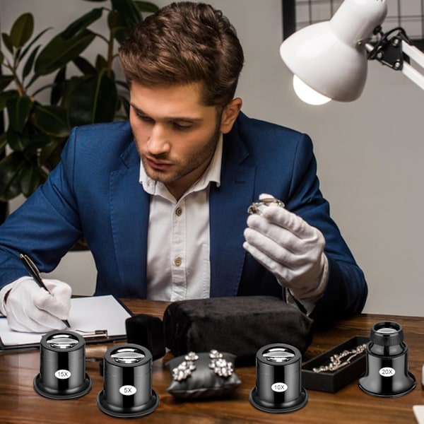 Paket 5X/10X/15X/20X Handhållen Juvelerarlopp Förstoringsglas Kupol Monokulära Luppar för Ädelstenar, Diamantstämplar, Läsning, Tidningar, Hantverk, Klockreparation