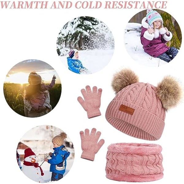 Børns vinter varm hue, halstørklæde og handsker sæt lyserød termisk strik