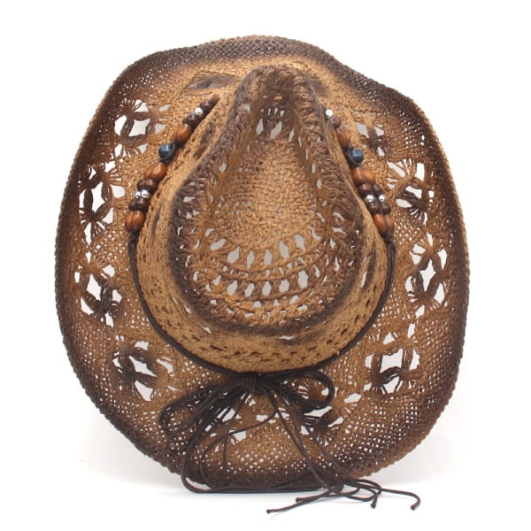 (brown)Unisex hollow straw cowboy hat, wide brim cowboy sun hat w
