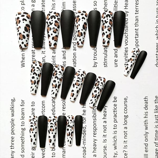 Matte Sort Leopard Tryk på Negle Falske Negle, Kiste Negle Balle