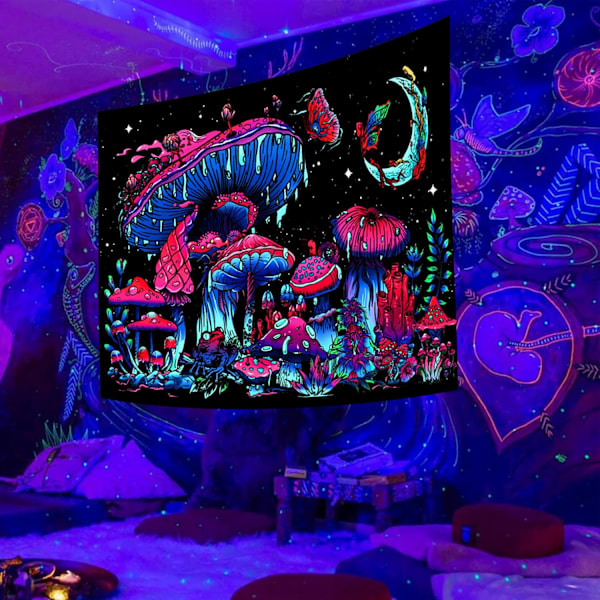 Blacklight Svampe Gobelin, Selvlysende i Mørke Sort Lys Plante Gobelin Fantasy UV Reaktiv Svampe Sommerfugl Måne Gobeliner Plakater Vægophæng