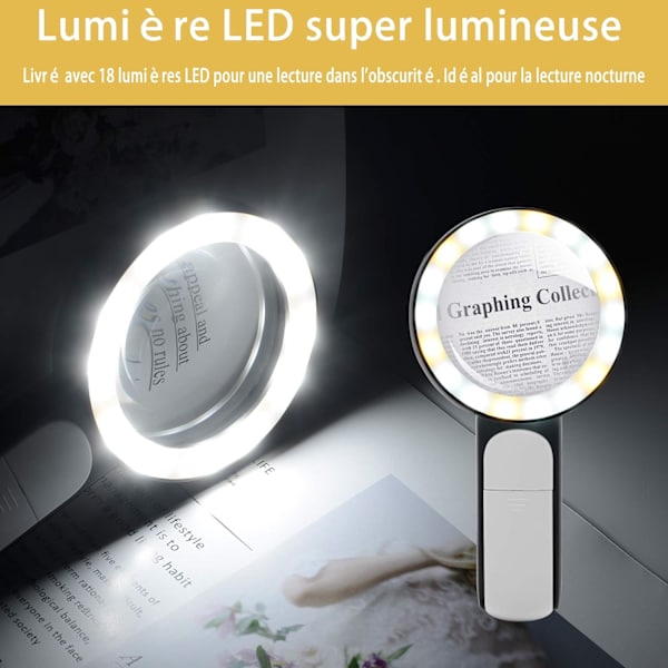 Läsglas med 18 LED-lampor, dubbla glaslinser med 30x förstoring, handhållen förstoringsglas