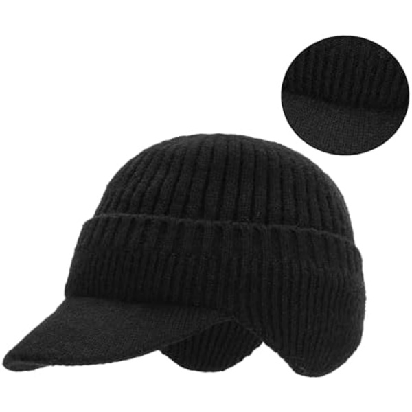 Mænd Vinter Visir Kant Øreklapper Beanie Hat Strikket Tyk Plushed Foring Skullies Baseball Cap Vindtæt Halsvarmer