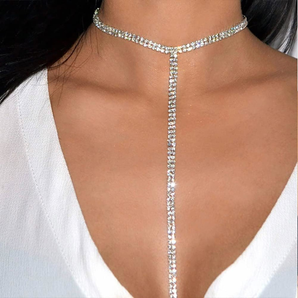 Rhinestone Silver Crystal Tennis Chain Multi Row Lang Halskjede