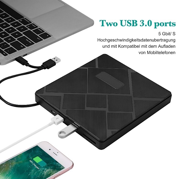 Ulkoinen CD/DVD-lukija ja -poltin, USB 3.0 ja Type-C, SD/TF-korttipaikalla ja 2 USB-portilla, 5 in 1, W-käyttöjärjestelmälle