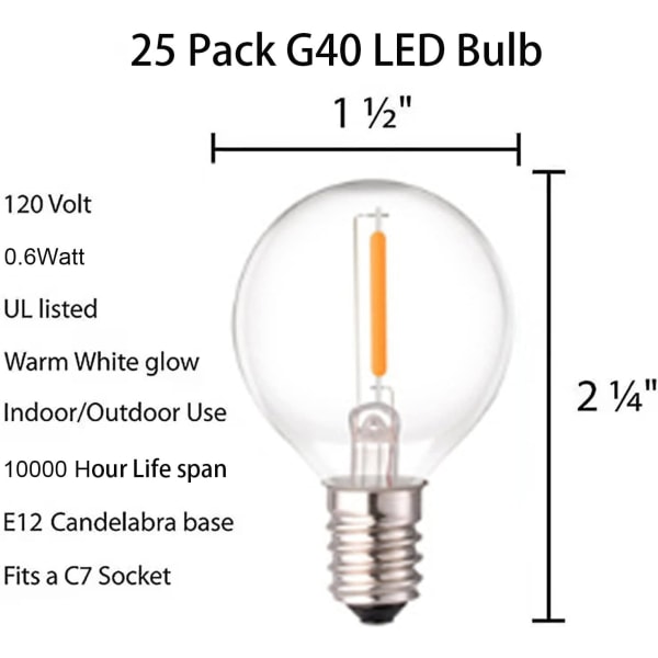 25-pack G40 LED-glödlampor i glas, ersättning, IP44 vattentät