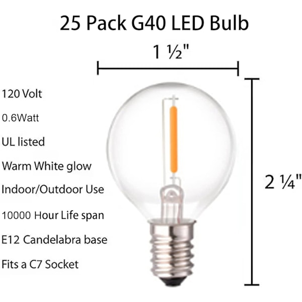 25 Pak G40 LED Globe Glaspærer Udskiftning, IP44 Vandtæt