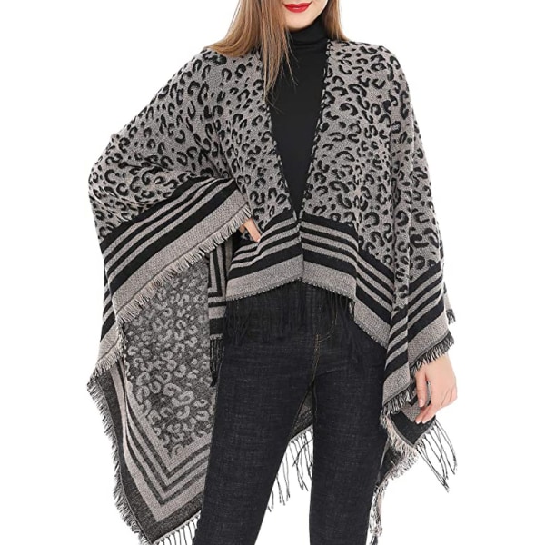 Dame Varm Sjal Wrap Åpen Front Poncho Cape Fargeblokk Sjal