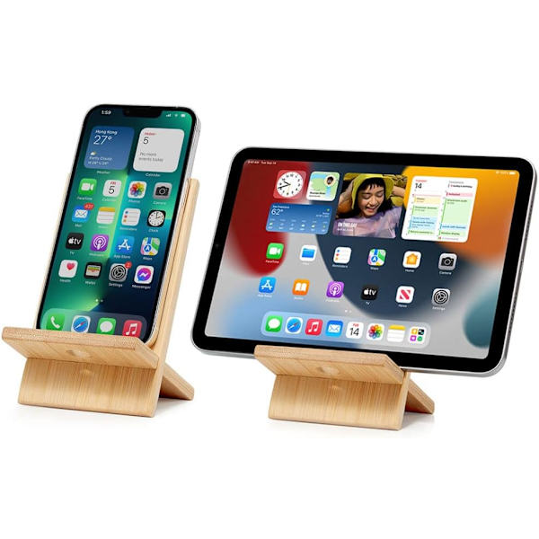 Mobiltelefonhållare i Bambu med Laddningshål, Avtagbar Mobiltelefonhållare i Trä Skrivbord Tablet Dockningsstation för iPhone iP