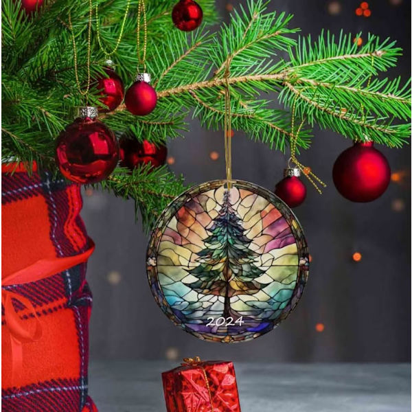 1 st julgranspynt 2024, Runda julgranspynt, Glasmålningsstil Hängande prydnader, Roliga Akryl Chri