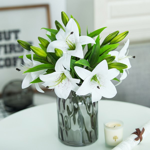 6 （37cm）Fleurs Blanc Lys Artificielle Bouquets Blanc, Faux Réal