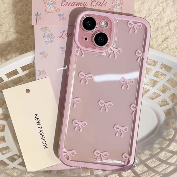 14.6×7.1×1cm Fodral för iPhone 15, Transparent Söt Rosett Mönster Estetisk Telefonfodral Höjt Kameraskydd