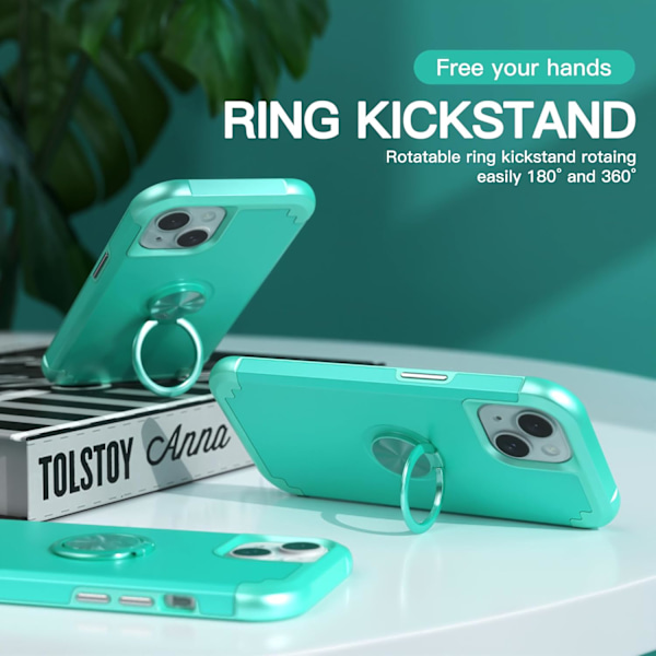 1 stk iPhone 15 deksel med 360° ringstativ, 2 i 1 støtsikker ultra-tynn hybrid Heavy D Mint Green