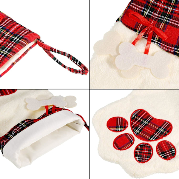 2 stycken julstrumpor för husdjur med katt- och hundtassmönster, buffelrutig, att hänga i eldstaden, julstrumpor
