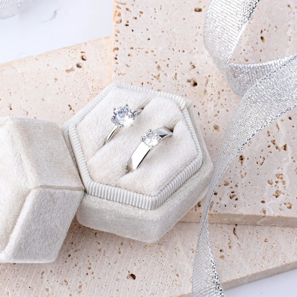 (Hvid)Velvet Ring Box, til smykker Dobbelte Slots Hexagon Ring Box til Forlovelsesceremoni Bryllup Va