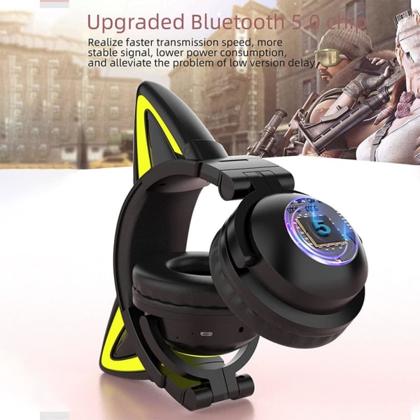 Søde katte trådløse hovedtelefoner, LED lysende gaming headset Bluetooth 5.0 tilstand over øret lav støj hoved