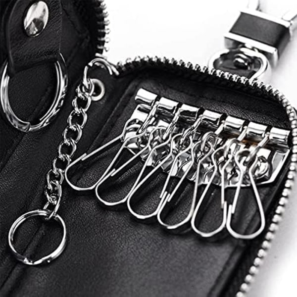 Unisex Premium Läder Nyckelhållare Väska Nyckelring Fodral Plånbok med 6 Krokar Blixtlås