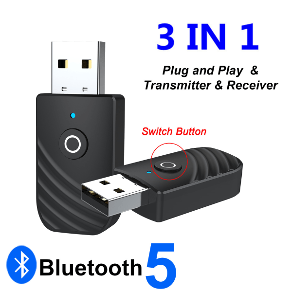 Bluetooth USB -adapter, 5.0 trådlös 3-i-1 USB sändare en