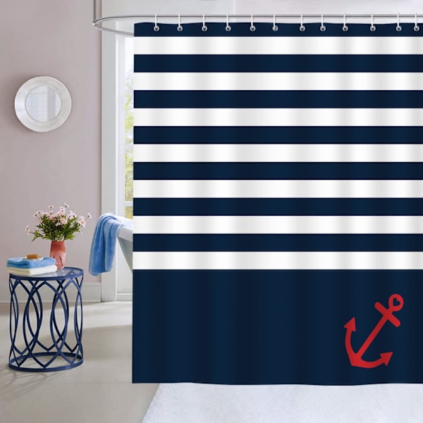 Marinblå Randig Duschdraperi Nautisk Ankare Badrumsgardin Polyestertyg Anti-Mögel Vattentät Tvättbar Badrumsgardin 180 x 180 cm med 12 Krokar