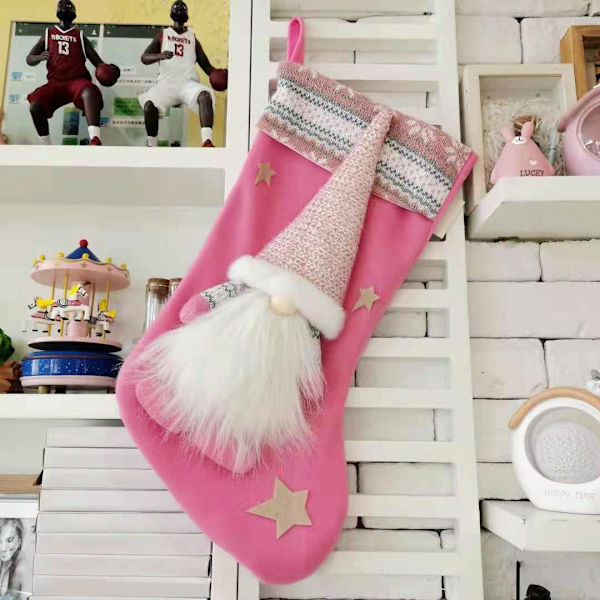 (45*23cm)Rosa Julstrumpa Gnom Tomte Dvärg Svensk Jultomte