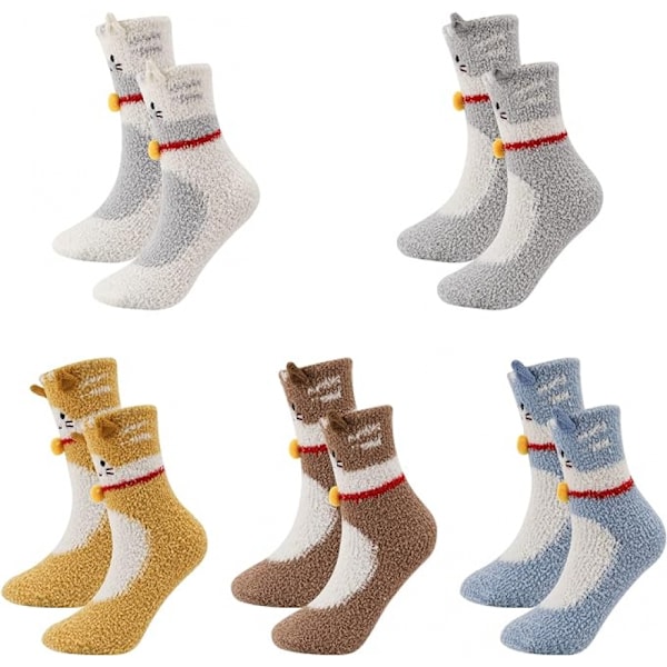 5 par fluffiga strumpor, nya kattmönster för kvinnor mjuka varma vinterstrumpor korallfleece sängstrumpor Thou