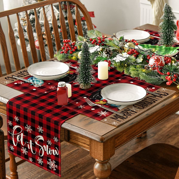 Snemænd Røde og Sorte Buffalo Plaid Juleplacemats Sæt af 4, 12x18 Tommer Sæsonbestemt Vinter Jul Ferie Bordmåtter til