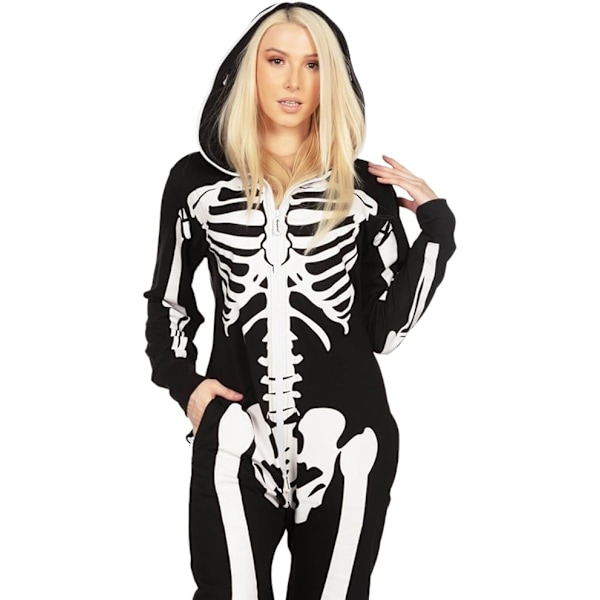 1 Naisten Halloween-luurankopuku, mukava ja helppo aikuisten onesie, edessä ja takana painettu S