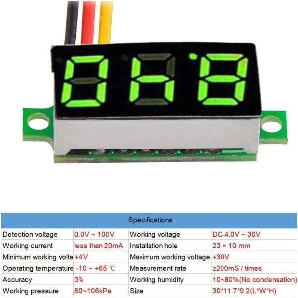 5 stk Digital DC Voltmeter 0,28 tommer 3-leder 2,5V-30V Mini Digital DC Voltmeter Spenningstester Meter,L
