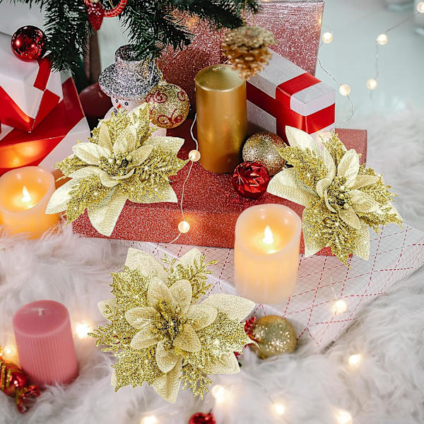 10 stk. kunstige poinsettia-blomster til juledekoration