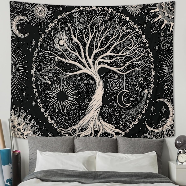 130x150cm Elämänpuu Seinävaate Kuu ja Aurinko Musta Seinälle Ripustettava Seinävaate Psykeedeelinen Tähtikuvioinen Mandala Seinävaate Hippityyliin