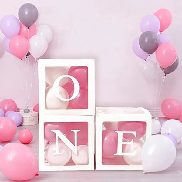 1 birthday balloons box decoration for girls, 3 transparent