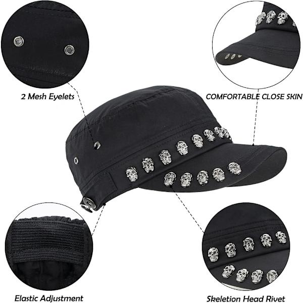 Unisex Skull/Skeleton Studded Punk-Army-Cap Cool Flat Cap