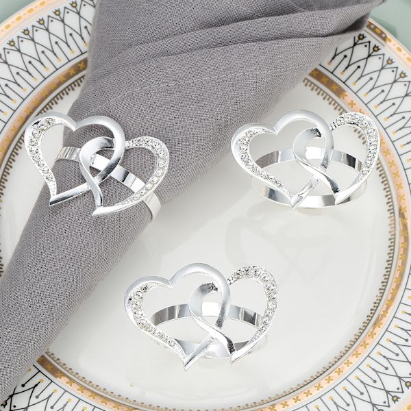 (Silverhjärta) Set med 6 dubbla hjärtformade servettringar med strass - Perfekt för bröllop,