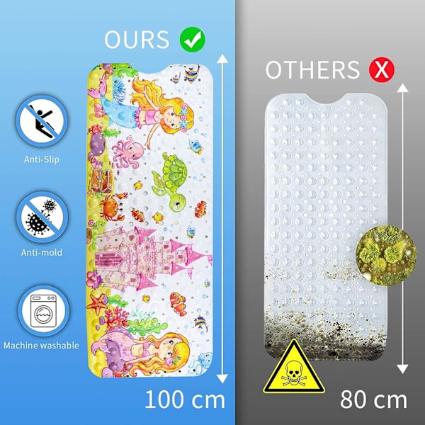 Anti-Skrid Sikkerhedsbademåtte 100x40cm, Anti-Skrid Badekar Måtte med Sugkopper PVC Materiale, Tegneserie Havdyr Bruse Måtte til Børn