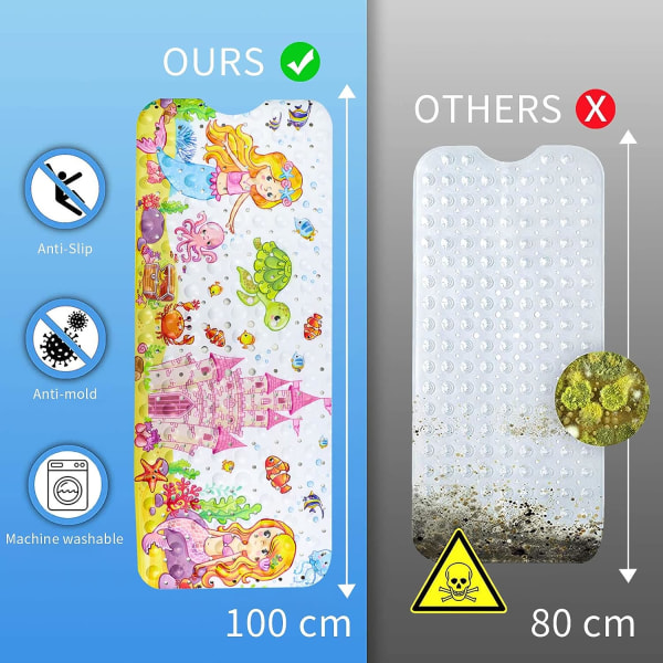 (Havfrue) Skridsikker bademåtte 100x40cm, skridsikker badekar måtte med 2