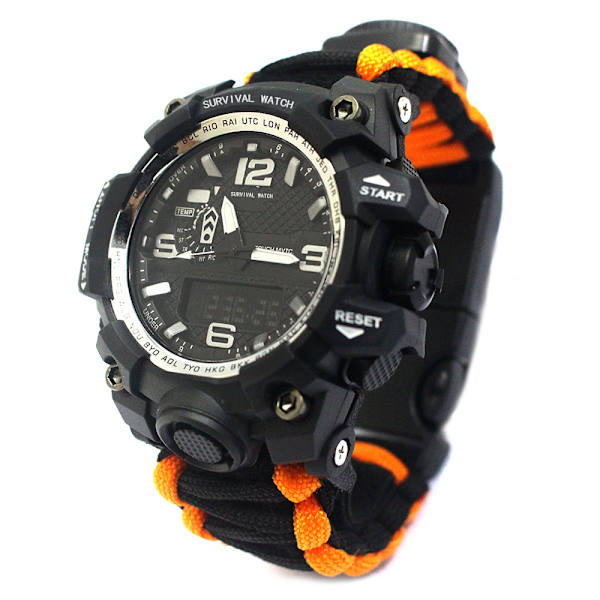 6-i-1 Överlevnadsarmbandsklocka för utomhus, nödsport vattentät armband Första hjälpen verktyg Orange Black